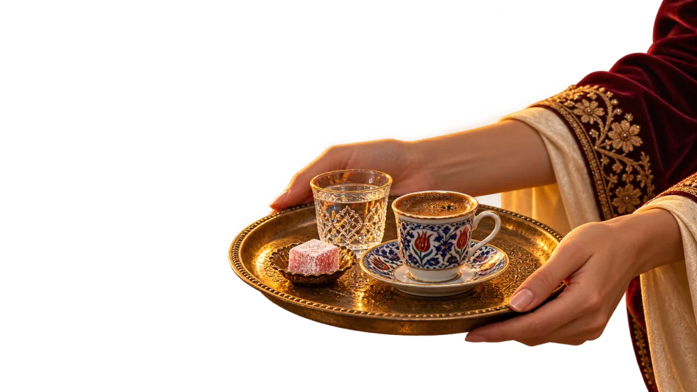 Turkish coffee, water and lokum offered on a brass tray after the meal